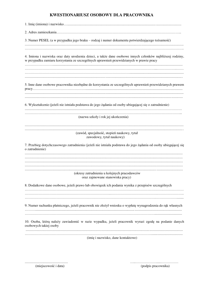Personal questionnaire for an employee MODEL