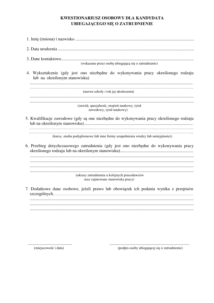 Personal questionnaire for applicant for employment MODEL